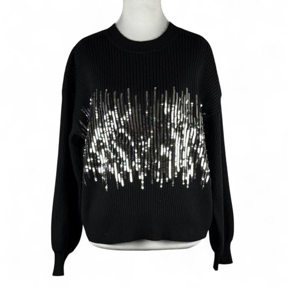 Black knit sweater by Gilli with dramatic silver sequin Small